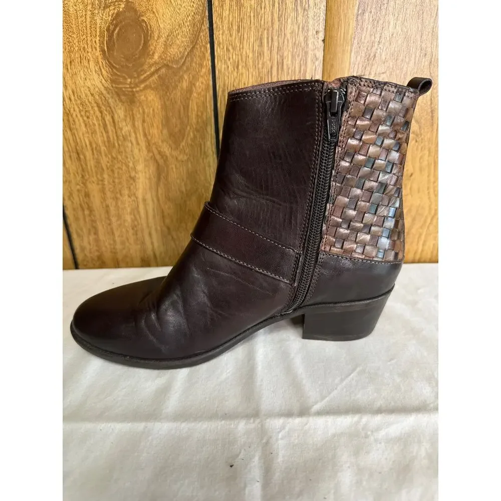 Sesto Meucci Leather Woven Side Zip Ankle Boots Western Ranch Brown 6.5